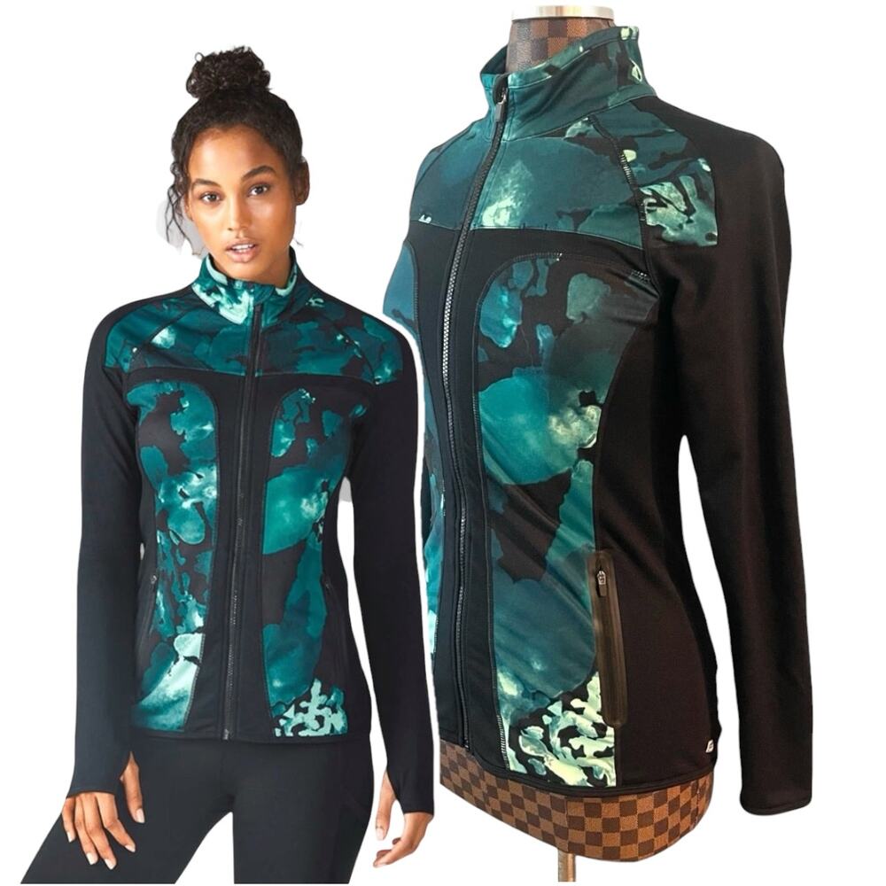Fabletics Jojo Jacket XS Green Black Full Zip Yoga Thumb Holes Athleisure Yoga